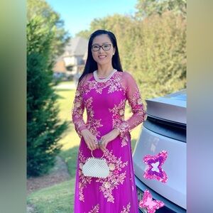 ao dai ren lace theu embroidery, pink Vietnamese traditional long dress set 2 m